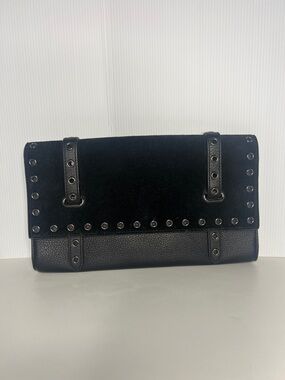 Vince Camuto Black Leather Studded Clutch Foldover Large Envelope Bag